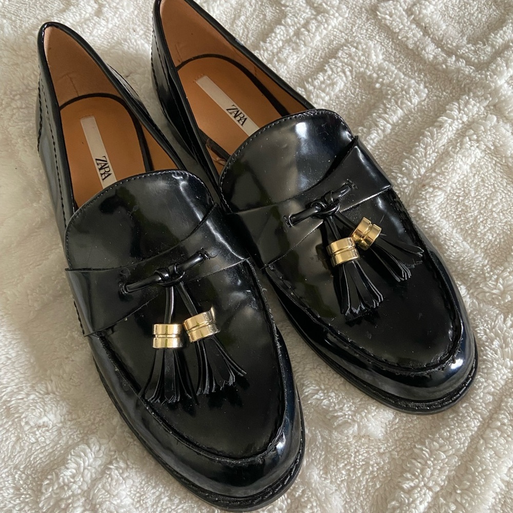 Zara Black Patent Tassel Loafers with Gold Accent